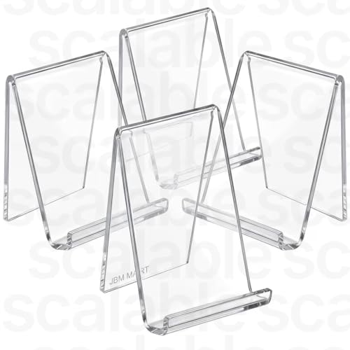 Image of JBM MART Acrylic Book Stand with Ledge, Clear Transparent Display Easel Holder for Books, Magazine, Plate, Pictures, Artworks, CDs, 4 Inch, 4 Pack
