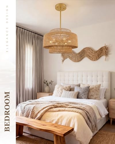 Image of 24 inch Large Boho Rattan Chandelier, 3-Tier Hand Woven Shade, Gold