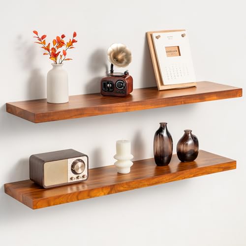 Realgulf 32 Inch Teak Floating Shelves Set of 2 - Solid Natural Wood Wall Mounted Shelves with Invisible Brackets - Heavy Duty Waterproof Storage for Bathroom, Kitchen, Living Room & Outdoor