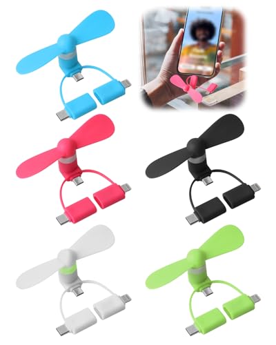 Yuio 5Pcs 3 En 1 Mini Ventilador USB, Móvil Ventiladores De Teléfono Mini Portátil USB, Ventiladore Portátiles, Ventiladores Portátiles para smartphone Móvil y tableta(Conector iOS/Type C/Micro USB)