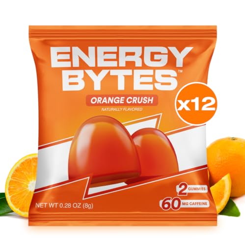 Energy Bytes Gomitas de cafeína | Masticables energéticos instantáneos para correr, ciclismo y rendimiento deportivo | Veganas, bajas en azúcar | Orange Crush (paquete de 12)