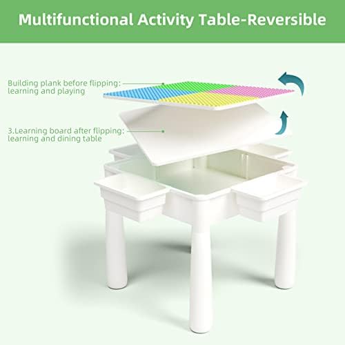 FAYDUDU 5 in 1 Kids Table and Chair Set Multi-Activity Table with 2 Chairs include 120 Pcs Large Size Blocks Play and Build Table Set with Storage (pink green)