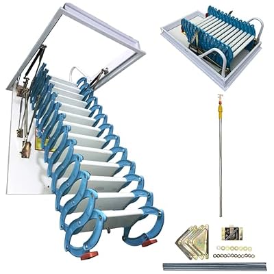 TECHTONGDA 10.5ft Attic Ladder Pull Down Ceiling Folding Loft Ladder Stairs Blue 13 Steps Mg-Al Alloy Opening Size 27.5'' x 47.2'' Attic Stairs Adjustable Height & Space Saving