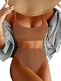 Lilosy High Waisted Tummy Control Bikini Ribbed Sporty Brazilian Swimsuit Set Women Highwaisted Cheeky Cut Leg Rise Bottom Crop Push Up Top 2 Piece Bathing Suit Coffee Brown Medium