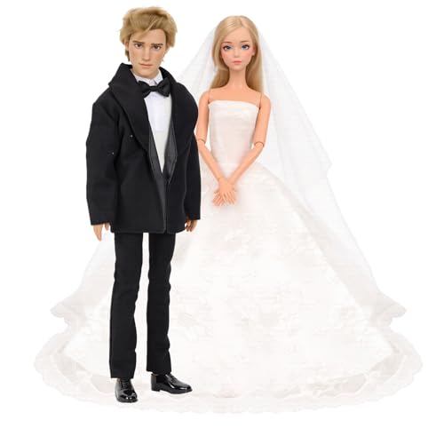 BARWA Wedding Set White Wedding Dress with Veil and Formal Suit Outfit for Boy & Girl Dolls