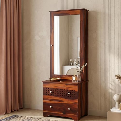 APRODZ Dressing Table with Storage | Engineered Wood Dressing Table with Mirror | Vanity Table with Drawers for Bedroom | Makeup & Accessories Organizer | Pre-Assembled, 2 Drawers, Teak