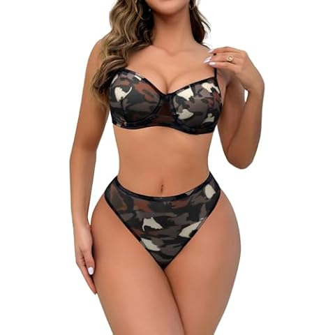 Lilosy Sexy Mesh Sheer Push Up Lingerie Set, Camouflage, S Cover
