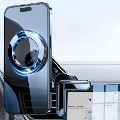 Esoulk Tesla Phone Holder for Model 3/Y/X/S, Hidden Magnetic Car Mount Behind Screen, Foldable Stick-On Design, Strong Hold for iPhone & Samsung