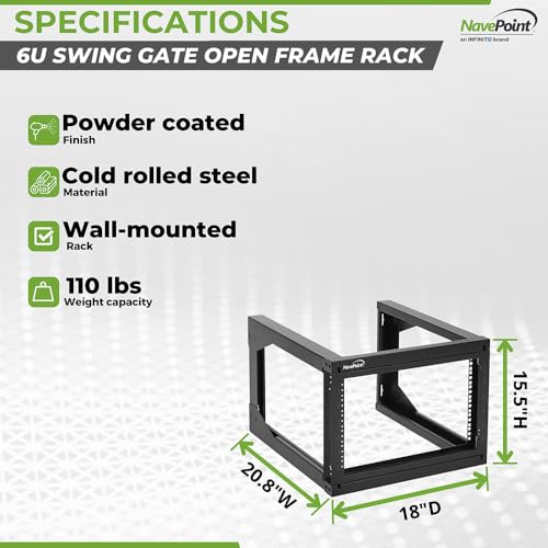 Image of NavePoint 6U Server Rack with Swing Gate - Wall Mount Rack for 19 Inch IT & AV Equipment - 18' Deep, Black