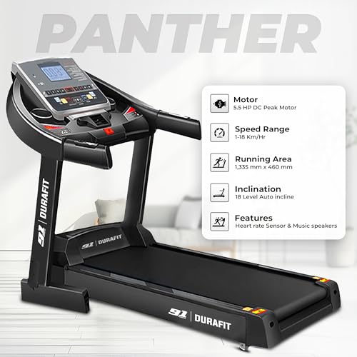 Image of 91-Durafit Panther | 5.5 HP Peak DC Motorized Foldable Treadmill | Auto Incline 18 Level |Max Speed 18 Km /Hr | Max User Weight 130 Kg | Free (DIY) Installation Assistance | Spring Suspension