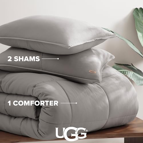 UGG Full/Queen Comforter Set with 2 Pillow Shams, Lightweight Down Alternative Blanket, Reversible Cozy Warm All Season Washable, Hypoallergenic Bedding Set, Light Grey (Leonora) - Thumbnail 4