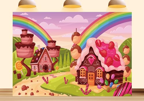 5X3ft Fabric Candyland Theme Photography Backdrop, Sweet Castle Design, Rainbow