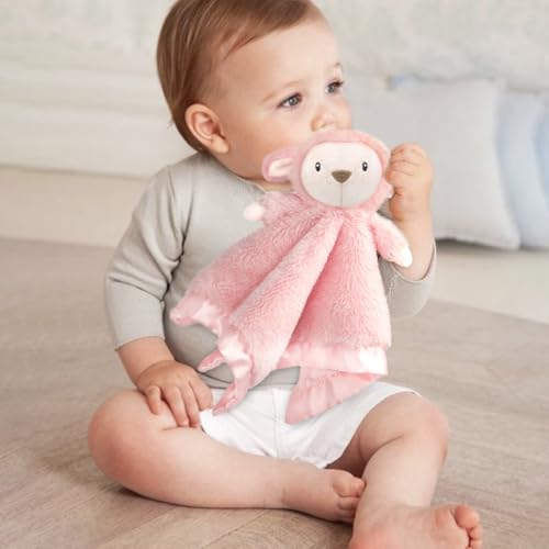 Image of Lamb Security Blanket for Babies, Super Soft Fluffy Snuggle Toy for Newborn Boys and Girls, Stuffed Animal, Pink 13.5 Inch