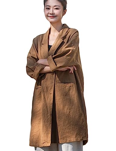 NFYM Women's Linen Long Blazers Notch Lapel Open Front Button Casual Loose Suit Coat Jackets with Pockets