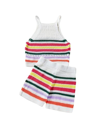 Verdusa Girl's 2 Piece Summer Cover Ups Color Striped Knitted Tank Top and Shorts Set2
