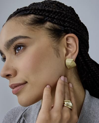 Image of PAVOI 14K Gold Plated Chunky Vintage Earrings for Women - Trendy Textured Ribbed Knot Geometric Triangle Rope Button Seashell Wing Dangle Drop Stud Earring