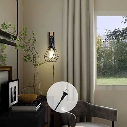 Plug In Wall Sconces Set Of Two Industrial Wall Lamp With 6Ft Plug In Cord Wood Wall Sconce For Bedroom Farmhouse Black Wall Lights #TOP4
