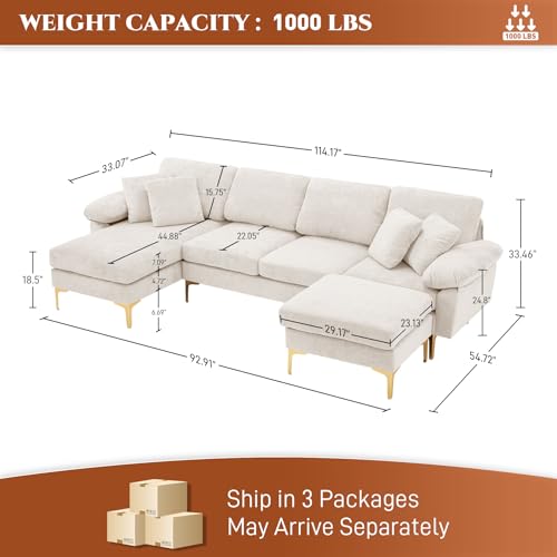 Image of OUYESSIR U-Shaped Sectional Sofa Couch, 4 Seat Sofa Set for Living Room, Convertible L-Shaped Velvet Couch Set with Chaise Lounge, Ottoman and Pillows,114 inches (White)