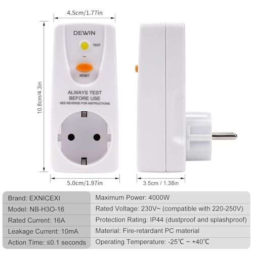 Wattive Fi Schutzschalter Steckdose,16A 230V Personenschutzstecker,Fi Steckdose Fehlerstrom Schutzschalter Stecker Anti-Leckagen und Elektro-Schock,10mA-Schutzkontakt（2 Packungen）