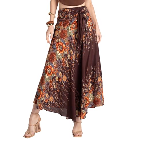 Tranquil Threads Boho Maxi Skirt for Women, Beach Sarong Wrap, Vacation Summer Skirt Dress Combo Cacao Bloom XL