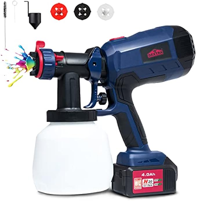 Dextra Cordless Paint Sprayer for Home Interior and Exterior, 20V Brushless Paint Sprayer with 1200ML Container, 3 Nozzles, 3 Modes, Battery Paint Sprayer with 4.0Ah Battery and Quick Charger