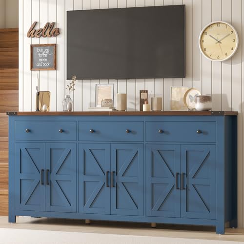 VVFLU 71 Large Sideboard Buffet Cabinet with Storage Modern Farmhouse Coffee Bar with 3 Drawers and 6 Barn Doors Dining Room Storage Cabinet for Kitchen Living Room White Wood Blue Wood