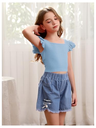 OYOANGLE Girl's Casual Solid Ruffle Trim Cap Sleeve Square Neck Cute Crop Tank Tops T-Shirts4