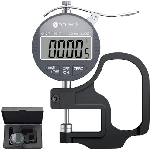 Neoteck Digital Thickness Gauge 0.5inch/12.7mm,0.0005inch/0.01mm LCD Display with Inch/MM Conversion One-Hand Quick Press Thickness Measuring Tool for Measuring Leather Paper Fabric Film etc.-Silver