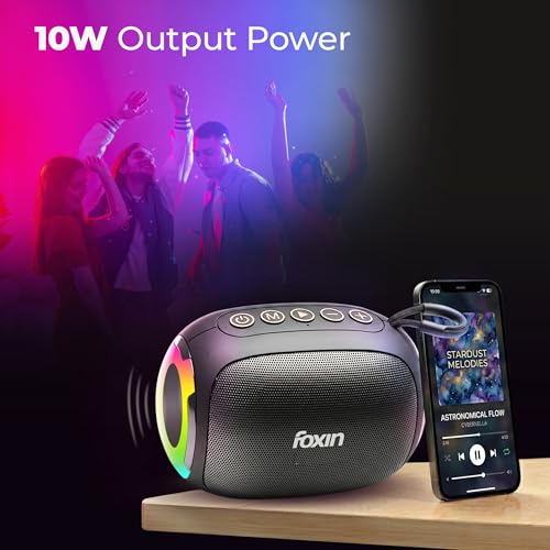 Image of Foxin Spark 10W Mini Bluetooth Speaker with RGB Light, 4Hrs Playtime, 360 Surround Sound, RGB Lights, Multi-Play Modes BT5.1 /TF Card, AUX, Type-C Charging Port, in-Built FM | 6cm Carry Loop