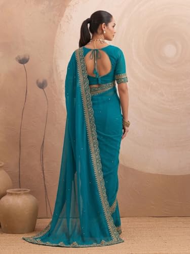 Image of Women's Georgette Embroidery Border Beads work Saree with Blouse Piece