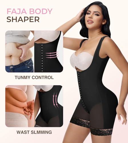 Image of SHAPSHE Open Bust Tummy Control Full Body Shaper Mid-Thigh Bodysuit | Front Hook Closure | Adjustable Strap Fit | Crotch Zipper | Lace Leg Finish | Mid-Thigh Coverage