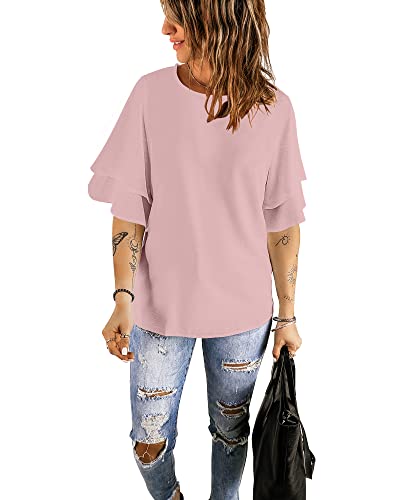 Luvamia Women's Casual 3/4 Tiered Bell Sleeve Crewneck Loose Tops Blouses Shirt Crewneck Blouses For Women Ballerin Pink Size Medium Size 8 Size 10 #TOP4