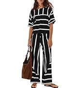 Nirovien Womens Striped Lounge Set 2 Piece Vacation Sets Short Sleeve Tops and Wide Leg Pants Tra...