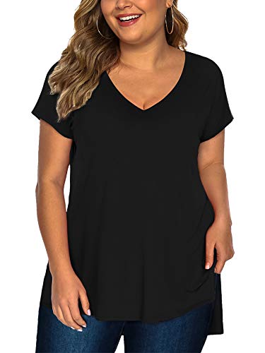 Florboom Womens Summer Clothes Short Sleeve Summer Plus V Neck Tops Black 2X