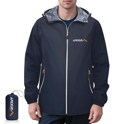 APEXUP Packable Rain Jacket Men with Reflective Zipper, Lightweight Waterproof Raincoat, Mens Rain Jacket for Outdoor Sports Navy Small