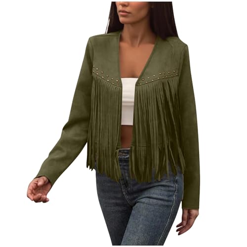 Women's Faux Suede Jacket Fringe Trim Long Sleeve Open Front Cardigan Western Concert Fashion Solid Color Outfits S-2XL