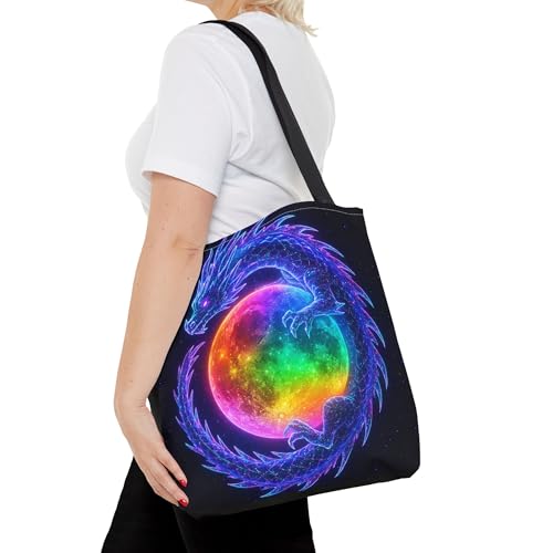 Premium Tote Bag with Reinforced Stitching - Holographic Dragon Curled Around a Rainbow Moon4