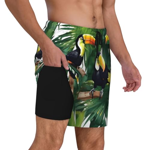 Toucans Parrot Palm Tree Leaves Print Mens Swim Shorts Trunks Inseam Compression Liner Quick Dry Zipper Pocket3