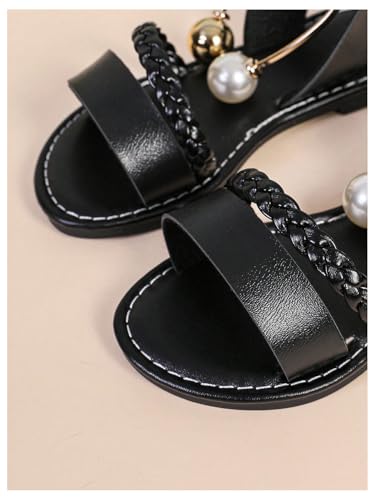 OYOANGLE Girl's Pearl Decor Open Toe Flat Sandals Braided Ankle Strap Outdoor Beach Sandals3