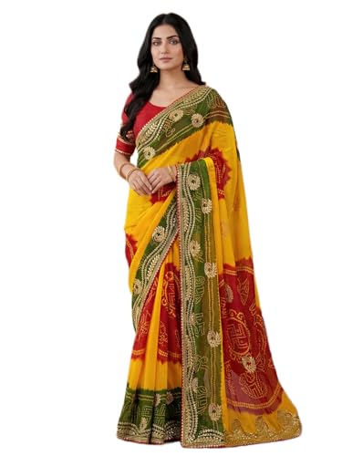 Image of SIRIL Women's Bandhani Printed Embroidery Georgette Saree with Unstitched Blouse Piece