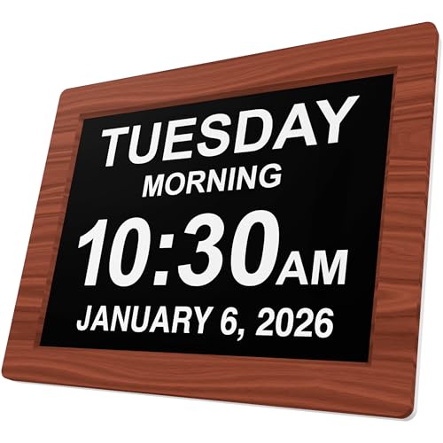 Image of American Lifetime New 2026 Dementia Clock Large Digital Clock for Seniors, Alzeimer Clock Large Display with Custom Alarms, Clock with Day & Date for Elderly, Digital Calendar Premium Brown Wood 12 inch