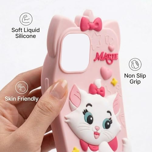 Image of amazon basics Luxury 3D Marie Cat Pink Silicone Case for iPhone 15 | Cute Cartoon Soft Back Cover | Shockproof Kawaii Designer Cover for Girls & Women