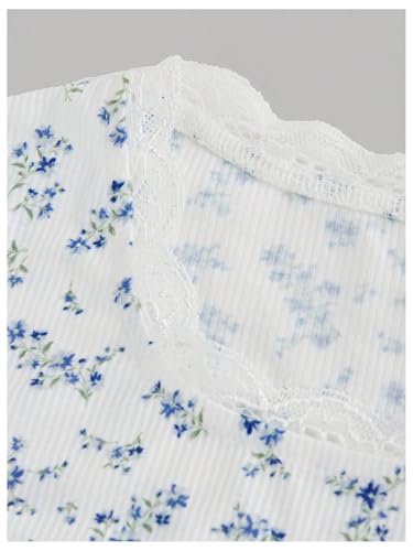 Girl's Ditsy Floral Print Lace T Shirt Short Sleeve Ribbed Ruched Cute Tee Shirts Summer Tops3