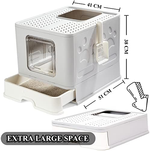 Pawsayes Cat Litter Tray Litter box with Lid XXL, Large Foldable Top Entry Kitty Litter Box with Drawer Pan and Scoop