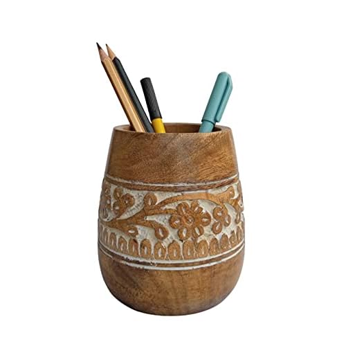 Designer Pencil Holder for Desk Wood | Paintbrush Holder Cup, Desk Accessories, Cute Make Up Brush Organizers | Office Desktop, Wooden Pen Stand | Stationary, Art Supplies | White-4.2”