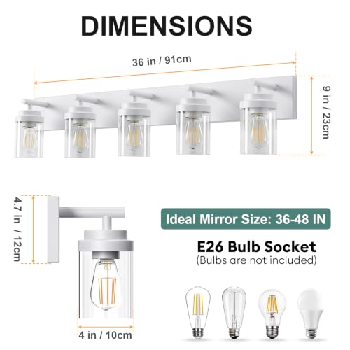 Image of IZORRO Bathroom Light Fixture White, Clear Glass Shade 36-Inch 5-Light