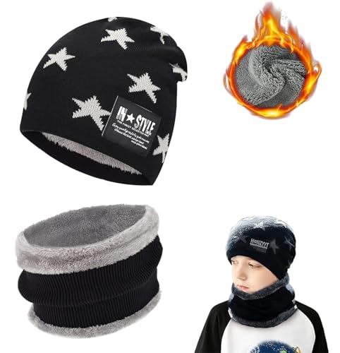 Niño Gorra Bufanda Set, Conjunto de Gorro de Punto Invierno Térmico y Bufanda para Niños, Gorra con bufanda de punto con Forro de Lana para Niños y Niñas, Accesorios de Invierno Unisex, Negro