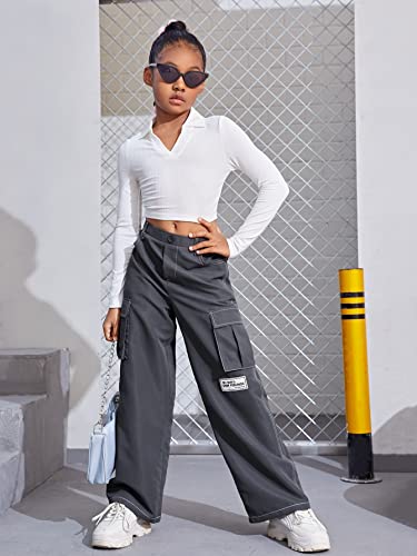 Image of WDIRARA Girl's Letter Patched High Waisted Button Cargo Pants with Pockets Dark Grey 10Y