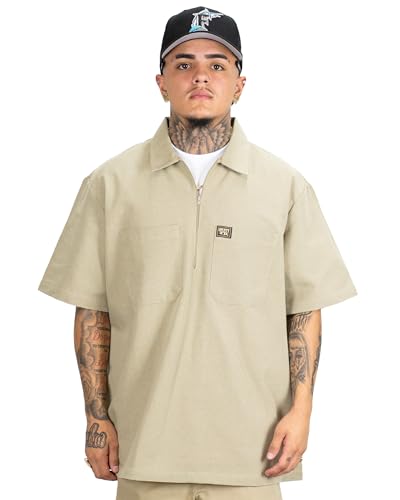 FB County Short Sleeve 1/2 Zip with Chest Pockets, Khaki, Large - Heavy Cotton-Poly, Casual Breathable Shirts for Men & Women