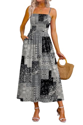 OFEEFAN Womens Spaghetti Strap Maxi Dresses 2026 Fashion Clothing Summer Beach Vacation Outfits Casual Long Spring Sundresses Color Blocked M